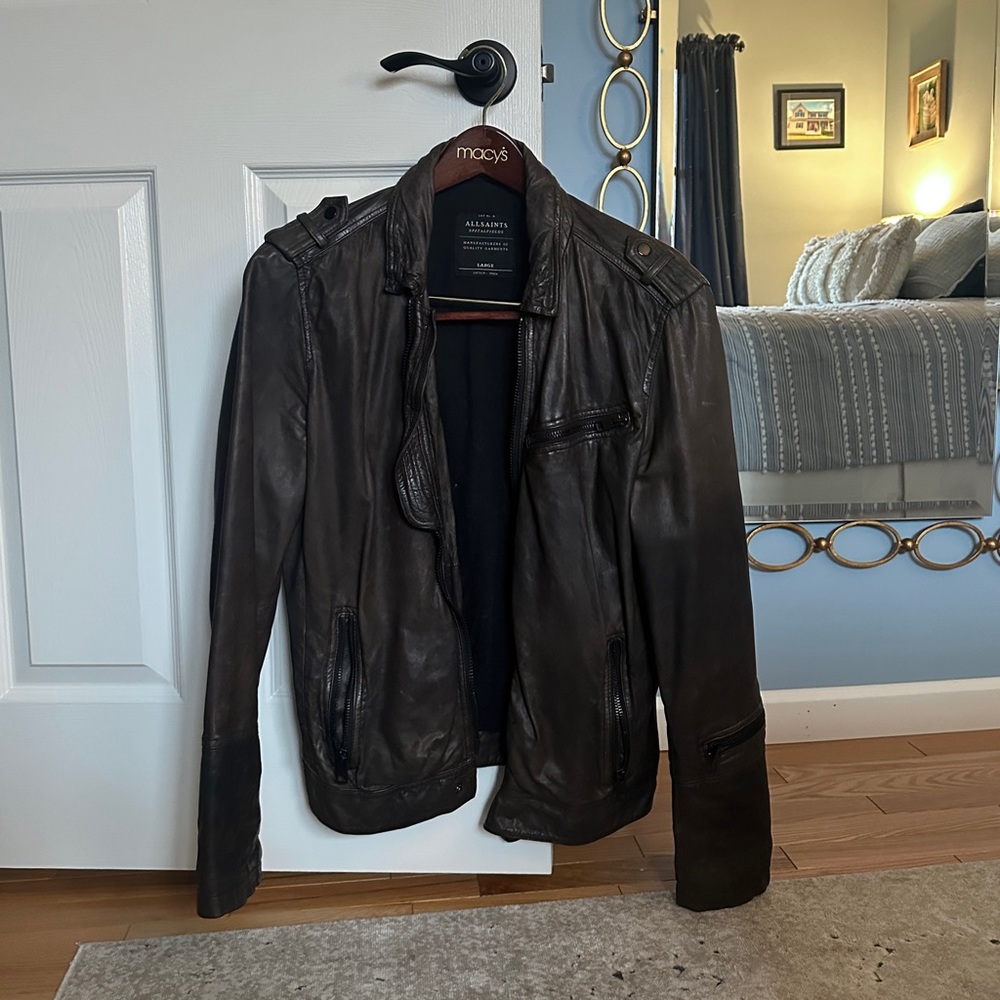 ALL SAINTS SPITALFIELDS Men’s Bomber Leather Jacket Black Size Large